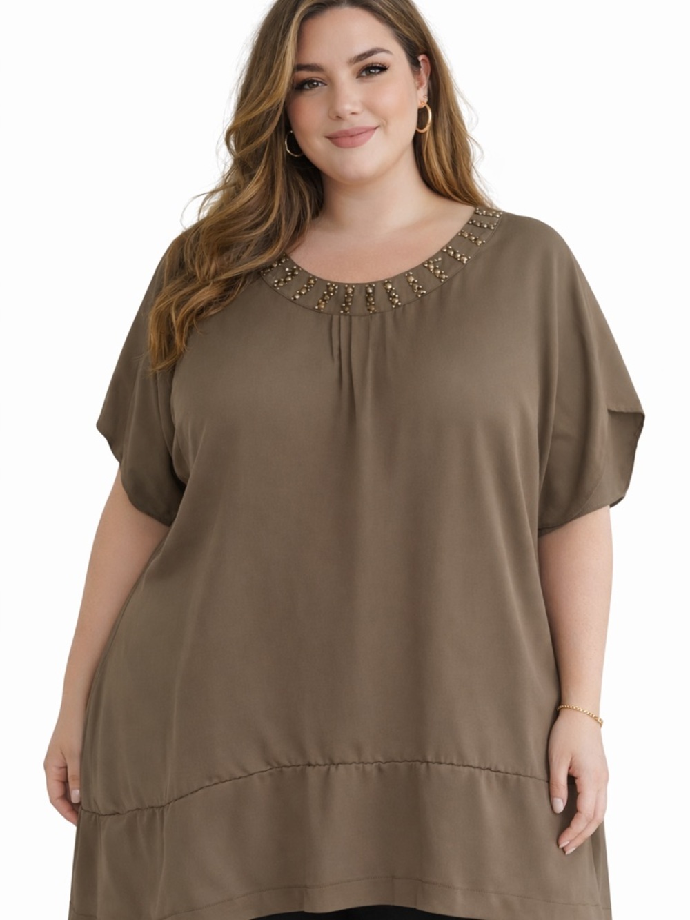 Olive Embellished Tunic Top 3X Flowy Boho Blouse Plus